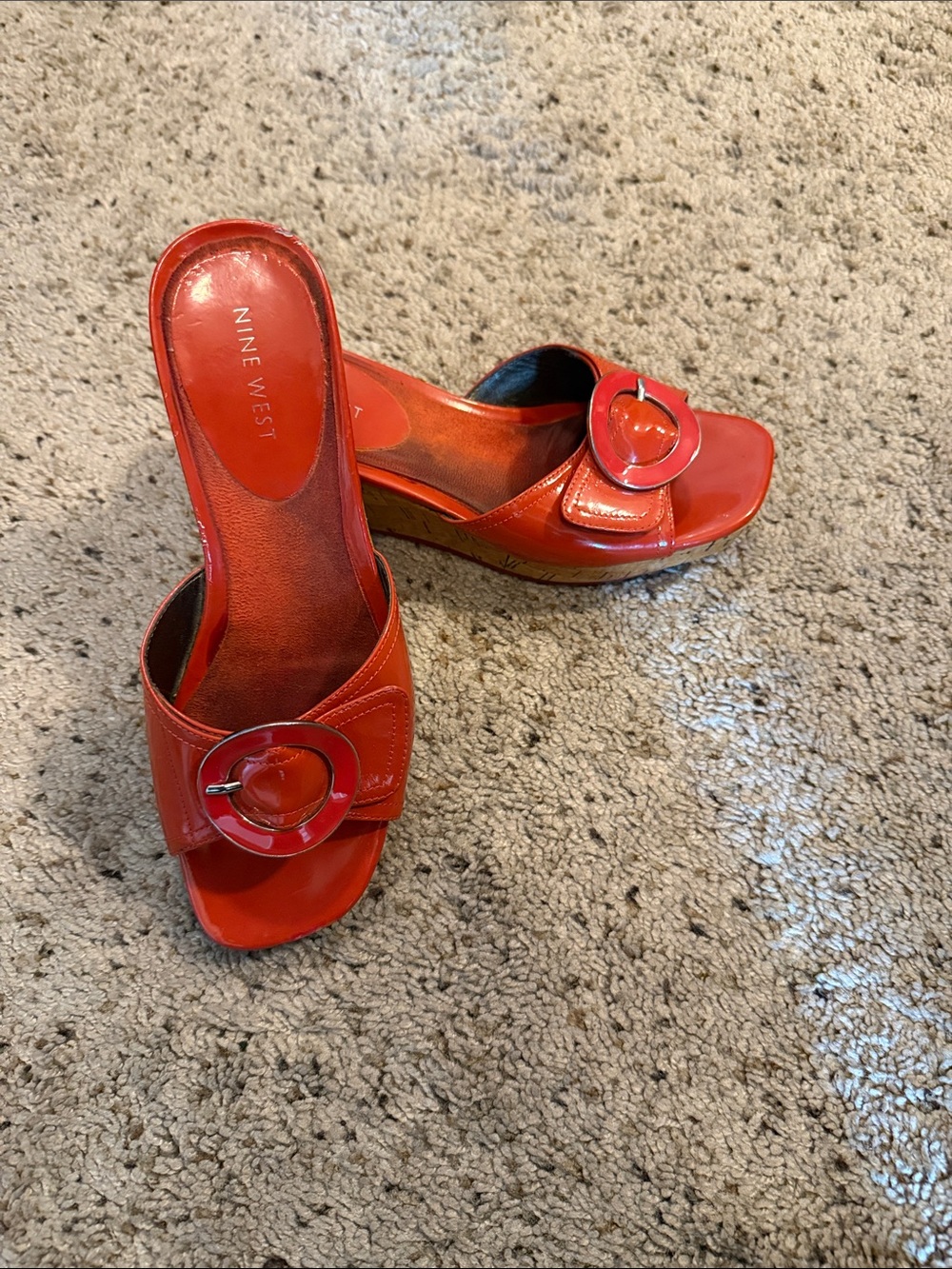 Nine West Orange Patent Slide Mules with Circular Buckle. Size 6.5M